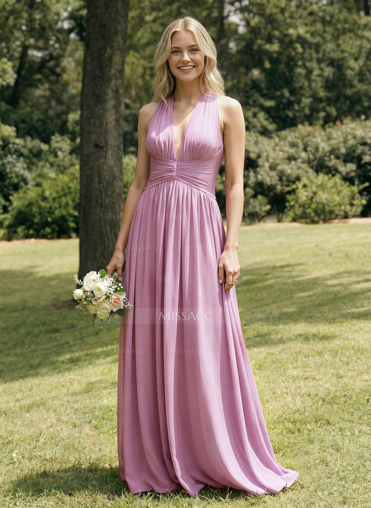 A-Line V-Neck Sleeveless Floor-Length Chiffon Bridesmaid Dresses With Bow