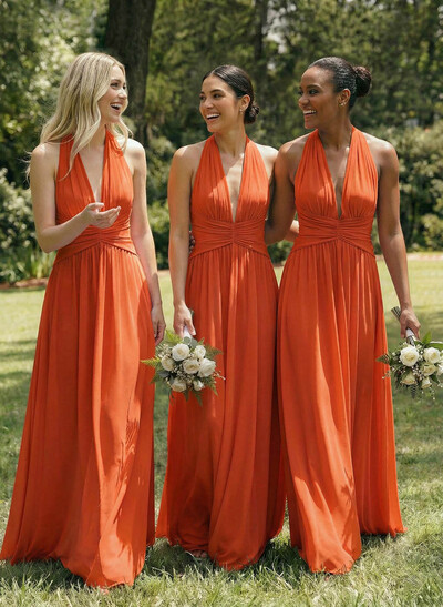 A-Line V-Neck Sleeveless Floor-Length Chiffon Bridesmaid Dresses With Bow