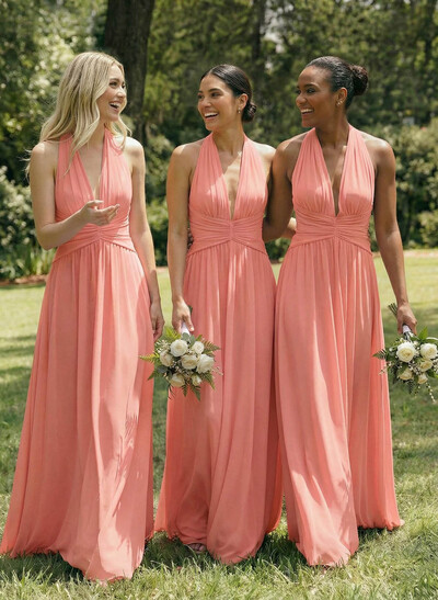 A-Line V-Neck Sleeveless Floor-Length Chiffon Bridesmaid Dresses With Bow