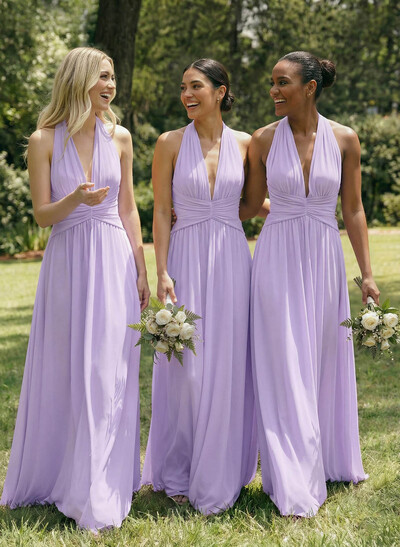 A-Line V-Neck Sleeveless Floor-Length Chiffon Bridesmaid Dresses With Bow