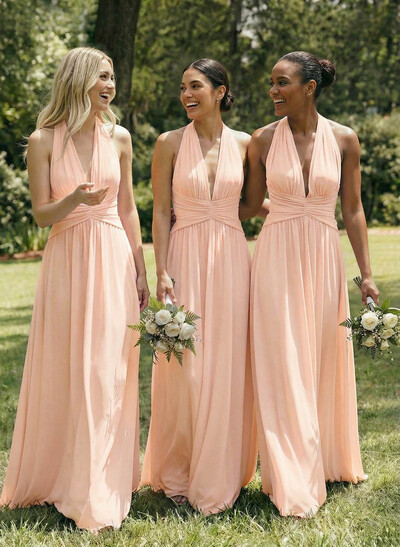 A-Line V-Neck Sleeveless Floor-Length Chiffon Bridesmaid Dresses With Bow