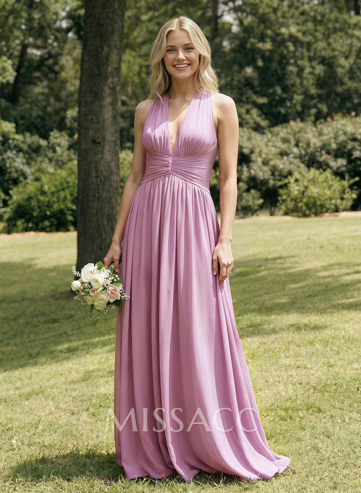 A-Line V-Neck Sleeveless Floor-Length Chiffon Bridesmaid Dresses With Bow A-Line V-Neck Sleeveless Floor-Length Chiffon Bridesmaid Dresses With Bow
