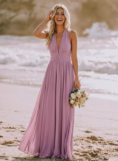 A-Line V-Neck Sleeveless Floor-Length Chiffon Bridesmaid Dresses With Bow