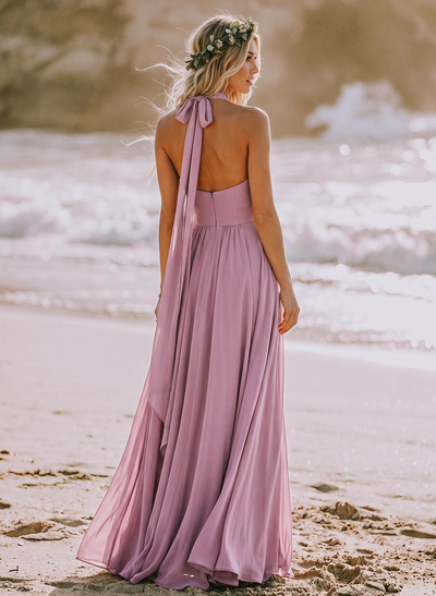 A-Line V-Neck Sleeveless Floor-Length Chiffon Bridesmaid Dresses With Bow