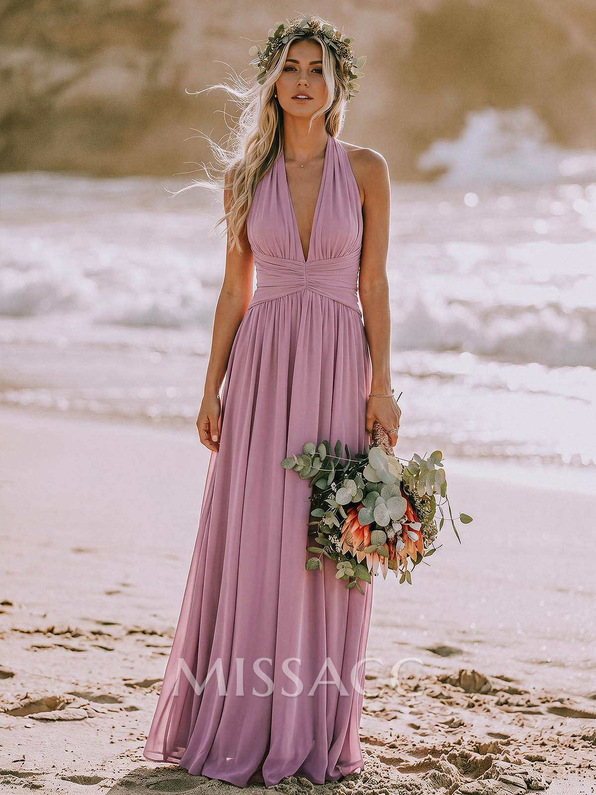 A-Line V-Neck Sleeveless Floor-Length Chiffon Bridesmaid Dresses With Bow