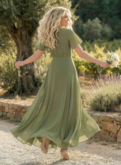 A-Line V-Neck Short Sleeves Floor-Length Chiffon Bridesmaid Dresses With Split Front