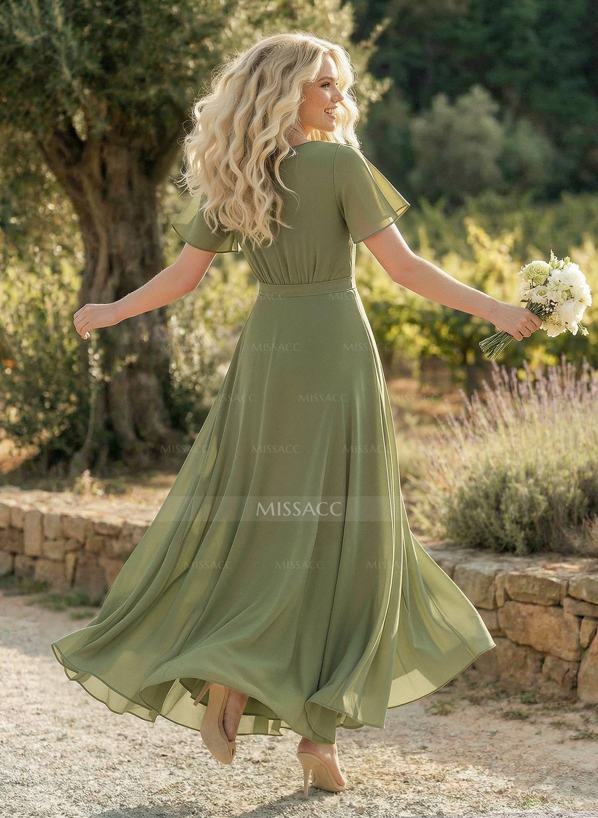 A-Line V-Neck Short Sleeves Floor-Length Chiffon Bridesmaid Dresses With Split Front