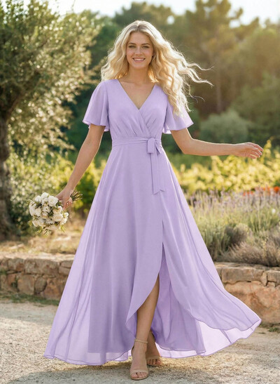 A-Line V-Neck Short Sleeves Floor-Length Chiffon Bridesmaid Dresses With Split Front