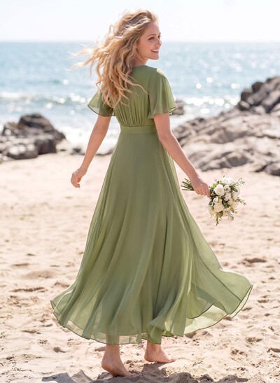 A-Line V-Neck Short Sleeves Floor-Length Chiffon Bridesmaid Dresses With Split Front