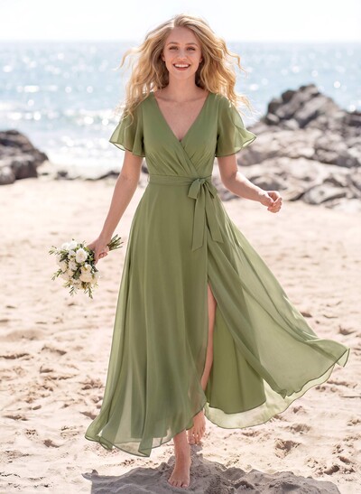 A-Line V-Neck Short Sleeves Floor-Length Chiffon Bridesmaid Dresses With Split Front