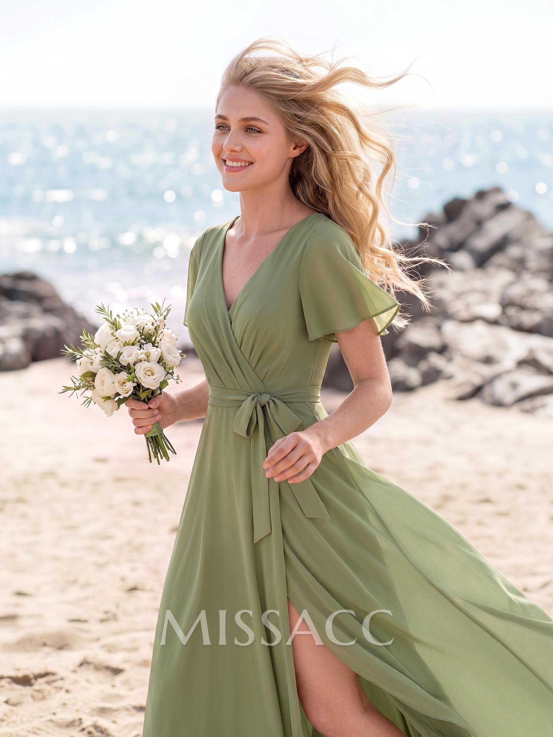 A-Line V-Neck Short Sleeves Floor-Length Chiffon Bridesmaid Dresses With Split Front A-Line V-Neck Short Sleeves Floor-Length Chiffon Bridesmaid Dresses With Split Front