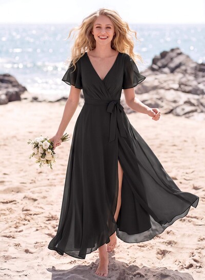A-Line V-Neck Short Sleeves Floor-Length Chiffon Bridesmaid Dresses With Split Front