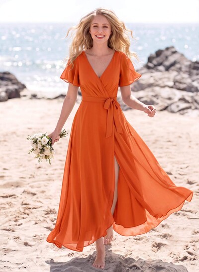 A-Line V-Neck Short Sleeves Asymmetrical Chiffon Bridesmaid Dresses With Split Front