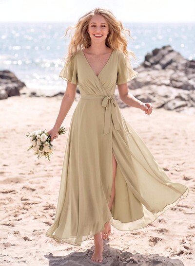 A-Line V-Neck Short Sleeves Floor-Length Chiffon Bridesmaid Dresses With Split Front