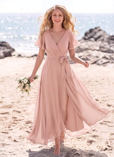 A-Line V-Neck Short Sleeves Floor-Length Chiffon Bridesmaid Dresses With Split Front