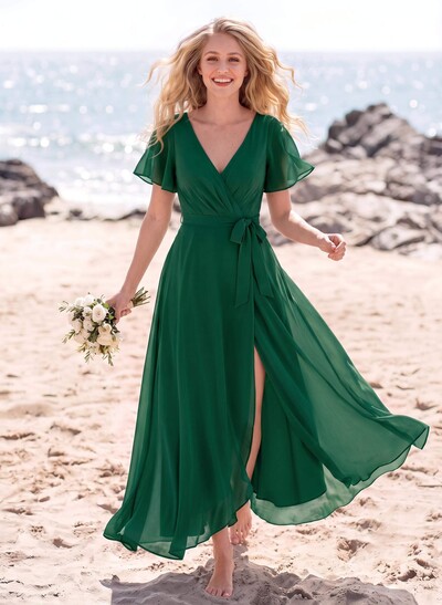 A-Line V-Neck Short Sleeves Asymmetrical Chiffon Bridesmaid Dresses With Split Front