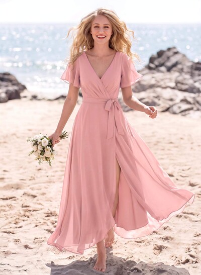 A-Line V-Neck Short Sleeves Floor-Length Chiffon Bridesmaid Dresses With Split Front