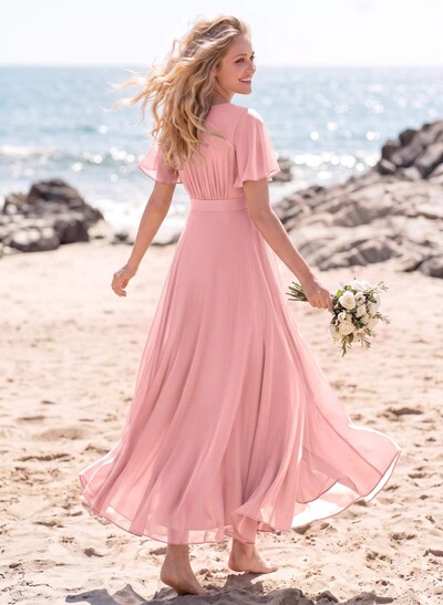 A-Line V-Neck Short Sleeves Floor-Length Chiffon Bridesmaid Dresses With Split Front