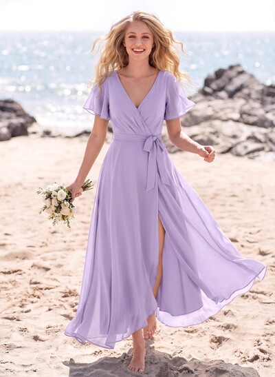 A-Line V-Neck Short Sleeves Floor-Length Chiffon Bridesmaid Dresses With Split Front