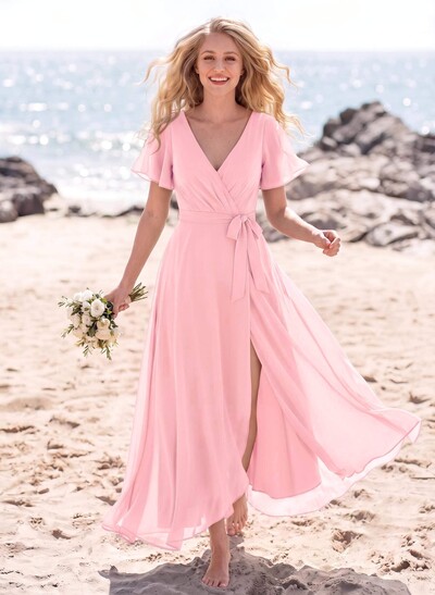 A-Line V-Neck Short Sleeves Asymmetrical Chiffon Bridesmaid Dresses With Split Front