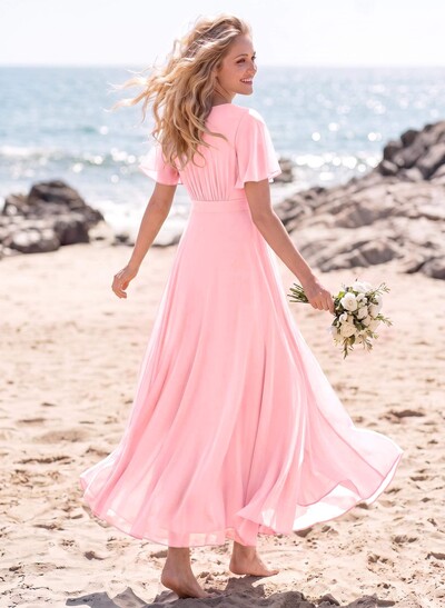 A-Line V-Neck Short Sleeves Asymmetrical Chiffon Bridesmaid Dresses With Split Front