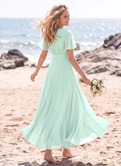A-Line V-Neck Short Sleeves Asymmetrical Chiffon Bridesmaid Dresses With Split Front