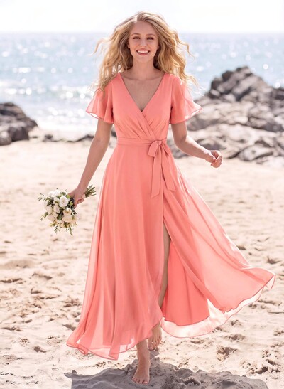 A-Line V-Neck Short Sleeves Asymmetrical Chiffon Bridesmaid Dresses With Split Front