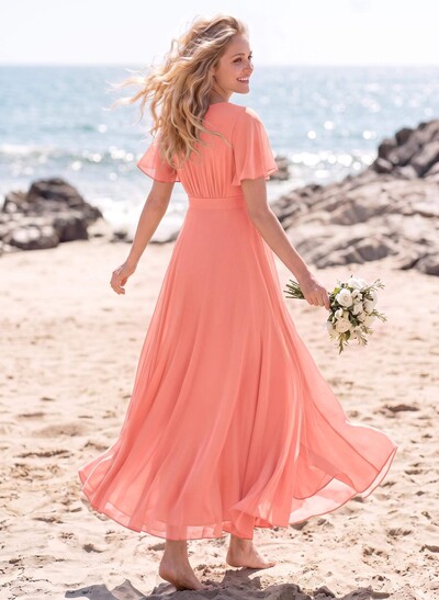 A-Line V-Neck Short Sleeves Asymmetrical Chiffon Bridesmaid Dresses With Split Front