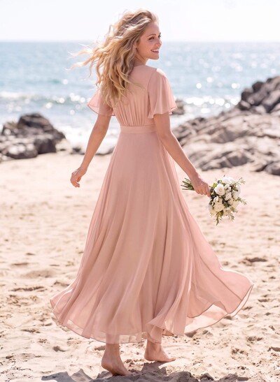 A-Line V-Neck Short Sleeves Floor-Length Chiffon Bridesmaid Dresses With Split Front