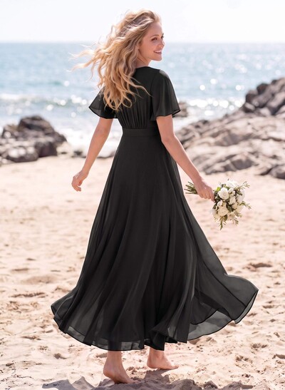 A-Line V-Neck Short Sleeves Floor-Length Chiffon Bridesmaid Dresses With Split Front