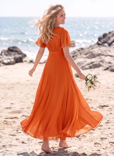 A-Line V-Neck Short Sleeves Asymmetrical Chiffon Bridesmaid Dresses With Split Front