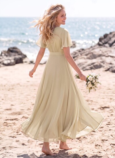 A-Line V-Neck Short Sleeves Floor-Length Chiffon Bridesmaid Dresses With Split Front