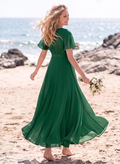 A-Line V-Neck Short Sleeves Asymmetrical Chiffon Bridesmaid Dresses With Split Front