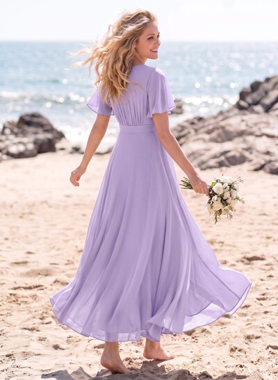 A-Line V-Neck Short Sleeves Floor-Length Chiffon Bridesmaid Dresses With Split Front