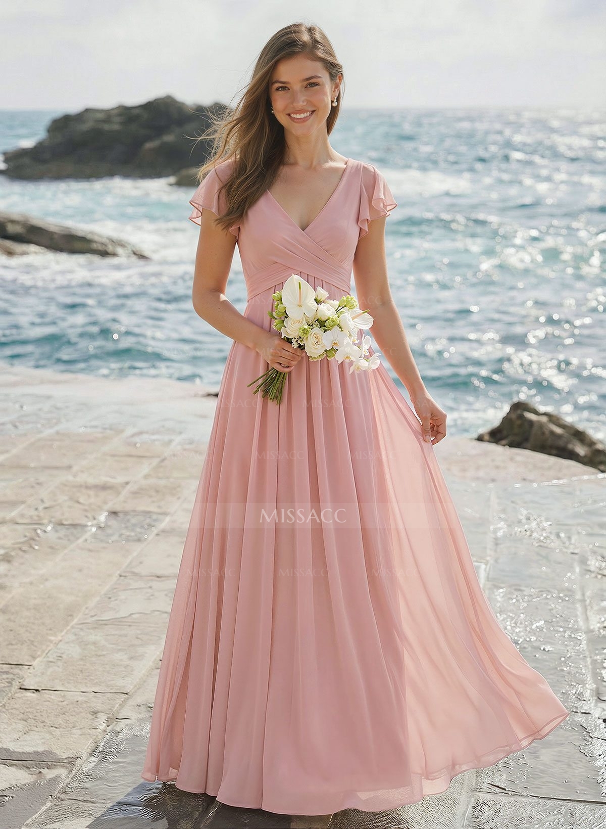 A-Line V-Neck Short Sleeves Floor-Length Chiffon Bridesmaid Dresses With Shoulder Ruffle