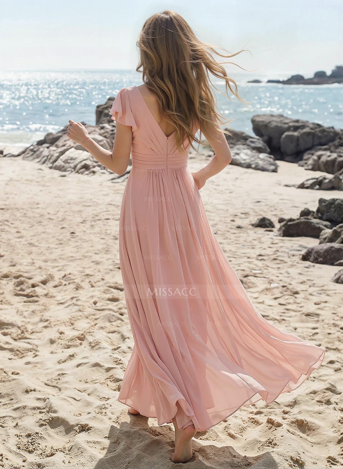 A-Line V-Neck Short Sleeves Floor-Length Chiffon Bridesmaid Dresses With Shoulder Ruffle