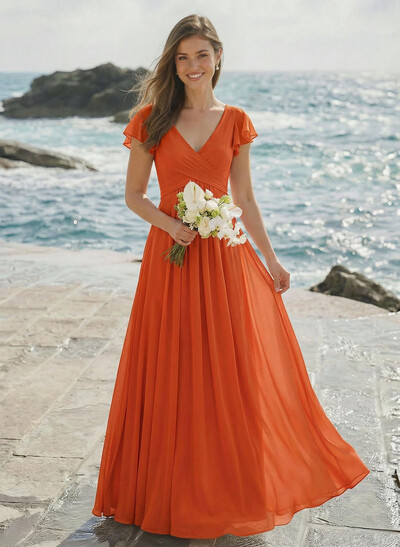 A-Line V-Neck Short Sleeves Floor-Length Chiffon Bridesmaid Dresses With Shoulder Ruffle