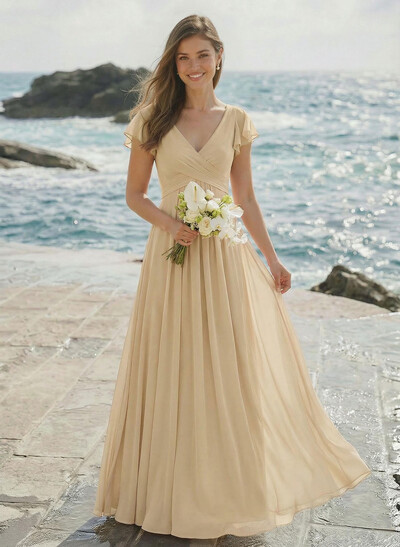 A-Line V-Neck Short Sleeves Floor-Length Chiffon Bridesmaid Dresses With Shoulder Ruffle