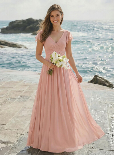 A-Line V-Neck Short Sleeves Floor-Length Chiffon Bridesmaid Dresses With Shoulder Ruffle