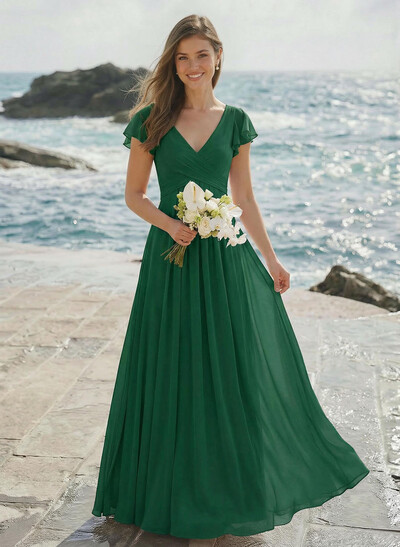 A-Line V-Neck Short Sleeves Floor-Length Chiffon Bridesmaid Dresses With Shoulder Ruffle