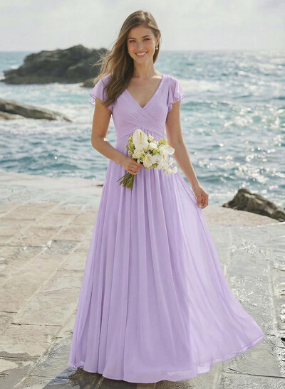 A-Line V-Neck Short Sleeves Floor-Length Chiffon Bridesmaid Dresses With Shoulder Ruffle