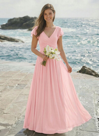 A-Line V-Neck Short Sleeves Floor-Length Chiffon Bridesmaid Dresses With Shoulder Ruffle