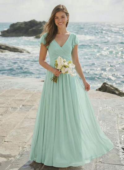 A-Line V-Neck Short Sleeves Floor-Length Chiffon Bridesmaid Dresses With Shoulder Ruffle