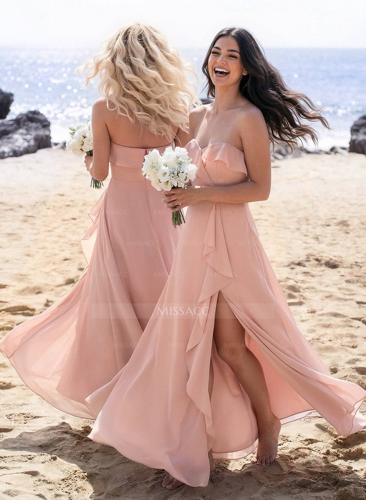 A-Line Off-The-Shoulder Sleeveless Floor-Length Chiffon Bridesmaid Dresses With Split Front Cascading Ruffles
