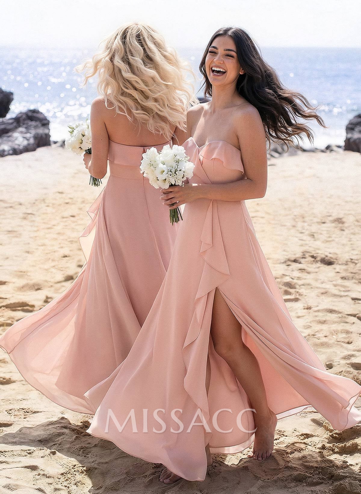 A-Line Off-The-Shoulder Sleeveless Floor-Length Chiffon Bridesmaid Dresses With Split Front Cascading Ruffles A-Line Off-The-Shoulder Sleeveless Floor-Length Chiffon Bridesmaid Dresses With Split Front Cascading Ruffles