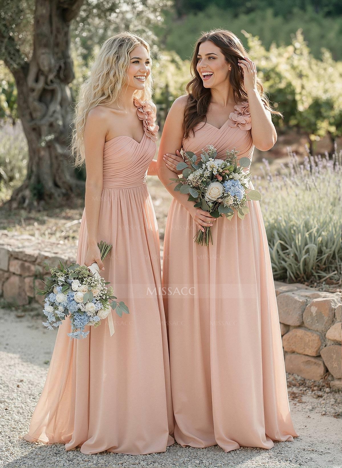 A-Line One-Shoulder Sweetheart Sleeveless Floor-Length Chiffon Bridesmaid Dresses With Flower