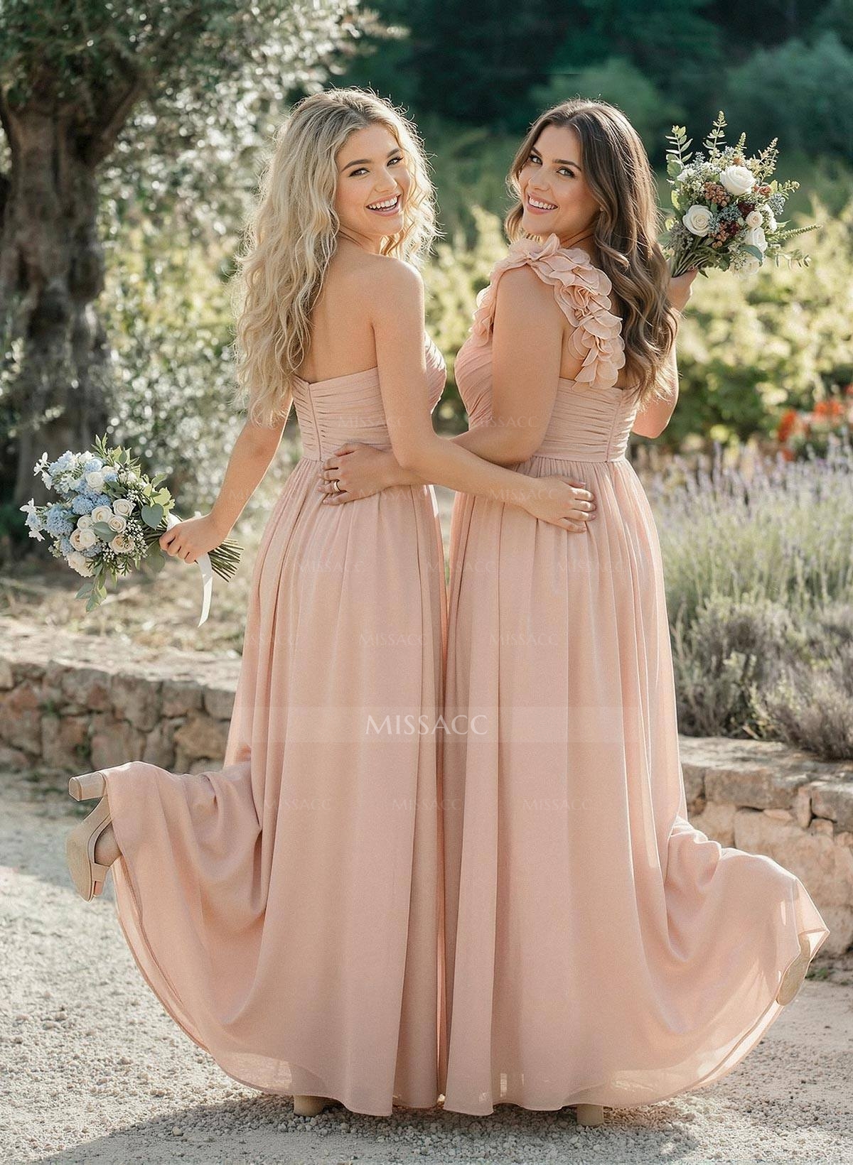 A-Line One-Shoulder Sweetheart Sleeveless Floor-Length Chiffon Bridesmaid Dresses With Flower