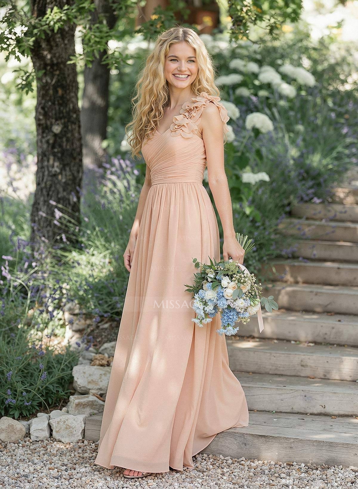 A-Line One-Shoulder Sweetheart Sleeveless Floor-Length Chiffon Bridesmaid Dresses With Flower
