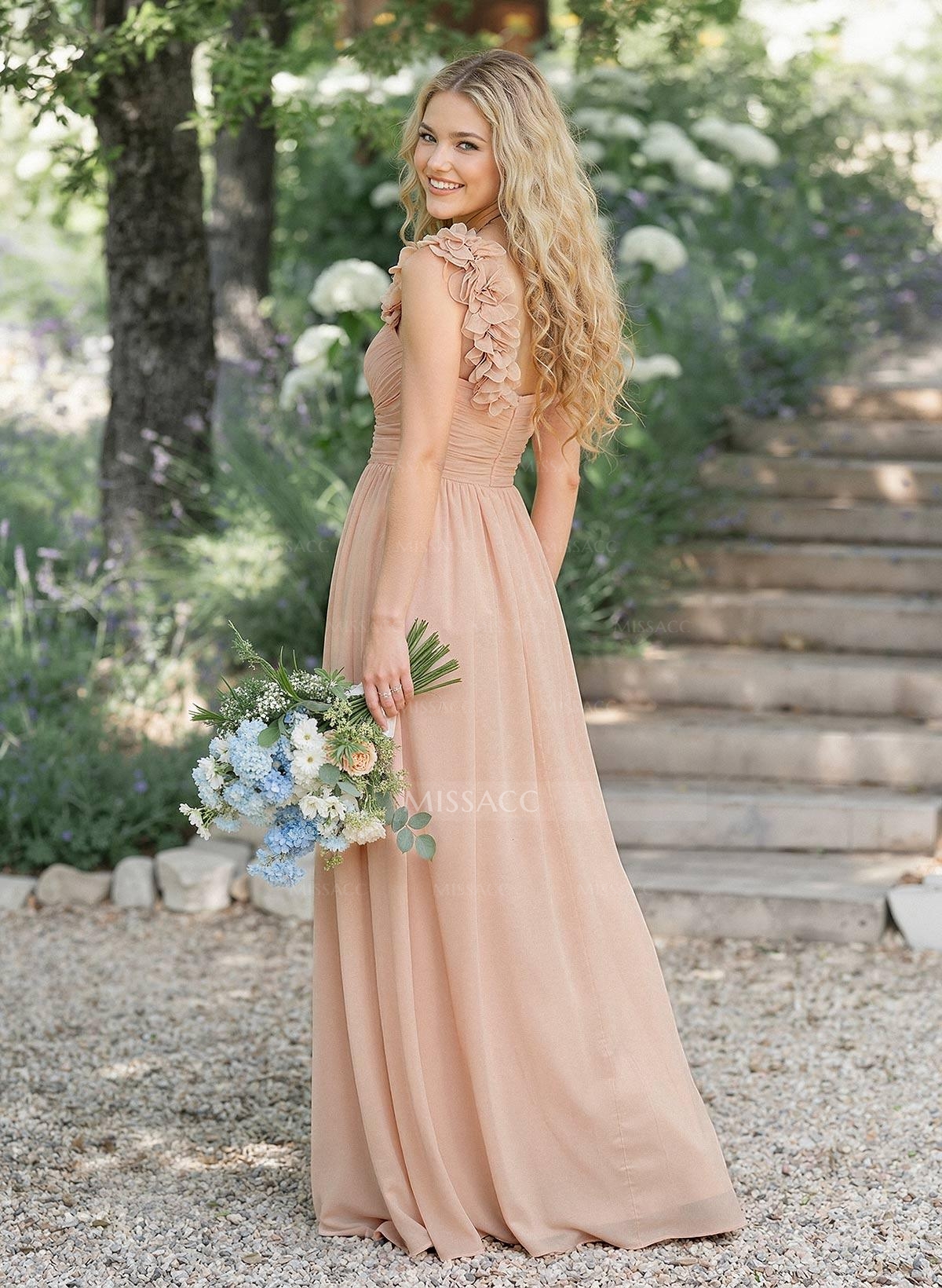 A-Line One-Shoulder Sweetheart Sleeveless Floor-Length Chiffon Bridesmaid Dresses With Flower
