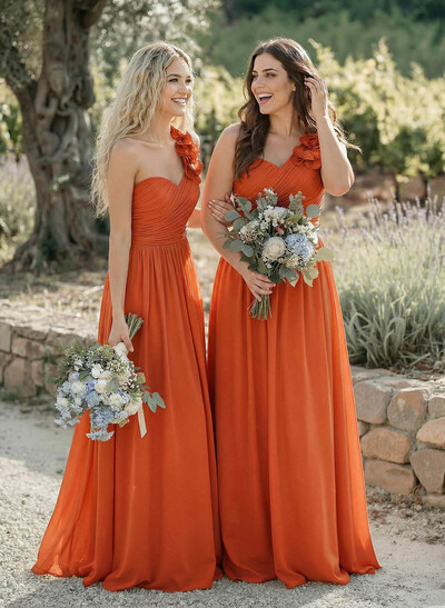 A-Line One-Shoulder Sweetheart Sleeveless Floor-Length Chiffon Bridesmaid Dresses With Flower
